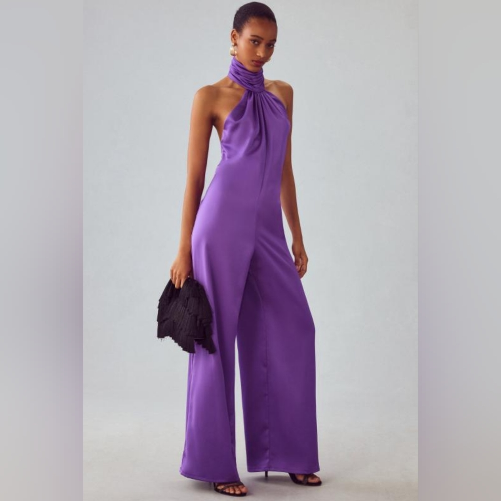 NWT ANTHROPOLOGIE PURPLE KATIE MAY ROBBIE HALTER OPEN BACK HALTER JUMPSUIT SMALL